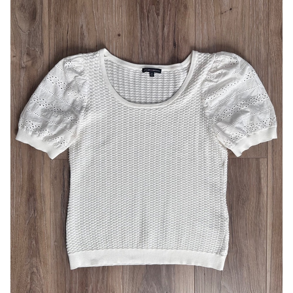 Adrianna Papell White Pointelle Knit Eyelet Puff Sleeve Top Medium Classic Chic